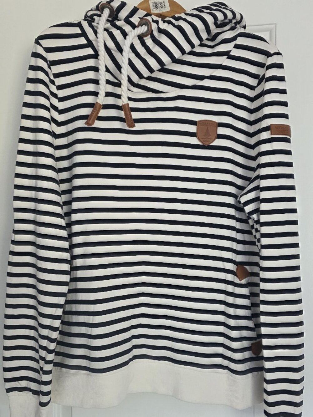 Wanakome Artemis Navy Ivory Stripe Cowl Neck Hoodie XXL Terry Pullover